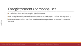 MODULE 3 - DIAGRAMMES DE FLUX ET DIAGRAMMES DE MACHINES D’ETAT
SECTION2:SUIVI
Enregistrements personnalisés
 L’utilisateur peut créer ses propres enregistrements
 Les enregistrements personnalisés sont des classes héritant de « CustomTrackingRecord »
 Le contexte de l’activité est utilisé pour émettre l’enregistrement en utilisant la méthode
« Track »
WORKFLOW FOUNDATION 4.5 | MOSTEFAI MOHAMMED AMINE | JUIN 2013 23
 