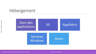 MODULE 4 – SERVICE AVANCÉS
SECTION1:INTRODUCTIONÀWCF
Hébergement
WORKFLOW FOUNDATION 4.5 | MOSTEFAI MOHAMMED AMINE | JUIN 2013 10
Dans des
applications
IIS AppFabric
Services
Windows
Azure
 