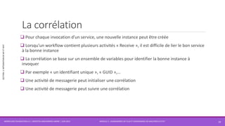 MODULE 3 - DIAGRAMMES DE FLUX ET DIAGRAMMES DE MACHINES D’ETAT
SECTION2:INTÉGRATIONDEWFETWCF
La corrélation
 Pour chaque invocation d’un service, une nouvelle instance peut être créée
 Lorsqu’un workflow contient plusieurs activités « Receive », il est difficile de lier le bon service
à la bonne instance
 La corrélation se base sur un ensemble de variables pour identifier la bonne instance à
invoquer
 Par exemple « un identifiant unique », « GUID »,…
 Une activité de messagerie peut initialiser une corrélation
 Une activité de messagerie peut suivre une corrélation
WORKFLOW FOUNDATION 4.5 | MOSTEFAI MOHAMMED AMINE | JUIN 2013 18
 