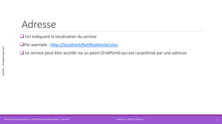 MODULE 4 – SERVICE AVANCÉS
SECTION1:INTRODUCTIONÀWCF
Adresse
 Url indiquant la localisation du service
Par exemple : http://localhost/NotificationService
 Le service peut être accédé via un point (EndPoint) qui est caractérisé par une adresse
WORKFLOW FOUNDATION 4.5 | MOSTEFAI MOHAMMED AMINE | JUIN 2013 5
 