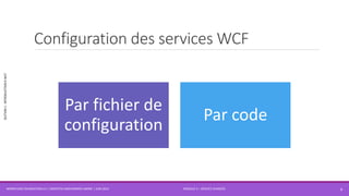 MODULE 4 – SERVICE AVANCÉS
SECTION1:INTRODUCTIONÀWCF
Configuration des services WCF
WORKFLOW FOUNDATION 4.5 | MOSTEFAI MOHAMMED AMINE | JUIN 2013 9
Par fichier de
configuration
Par code
 