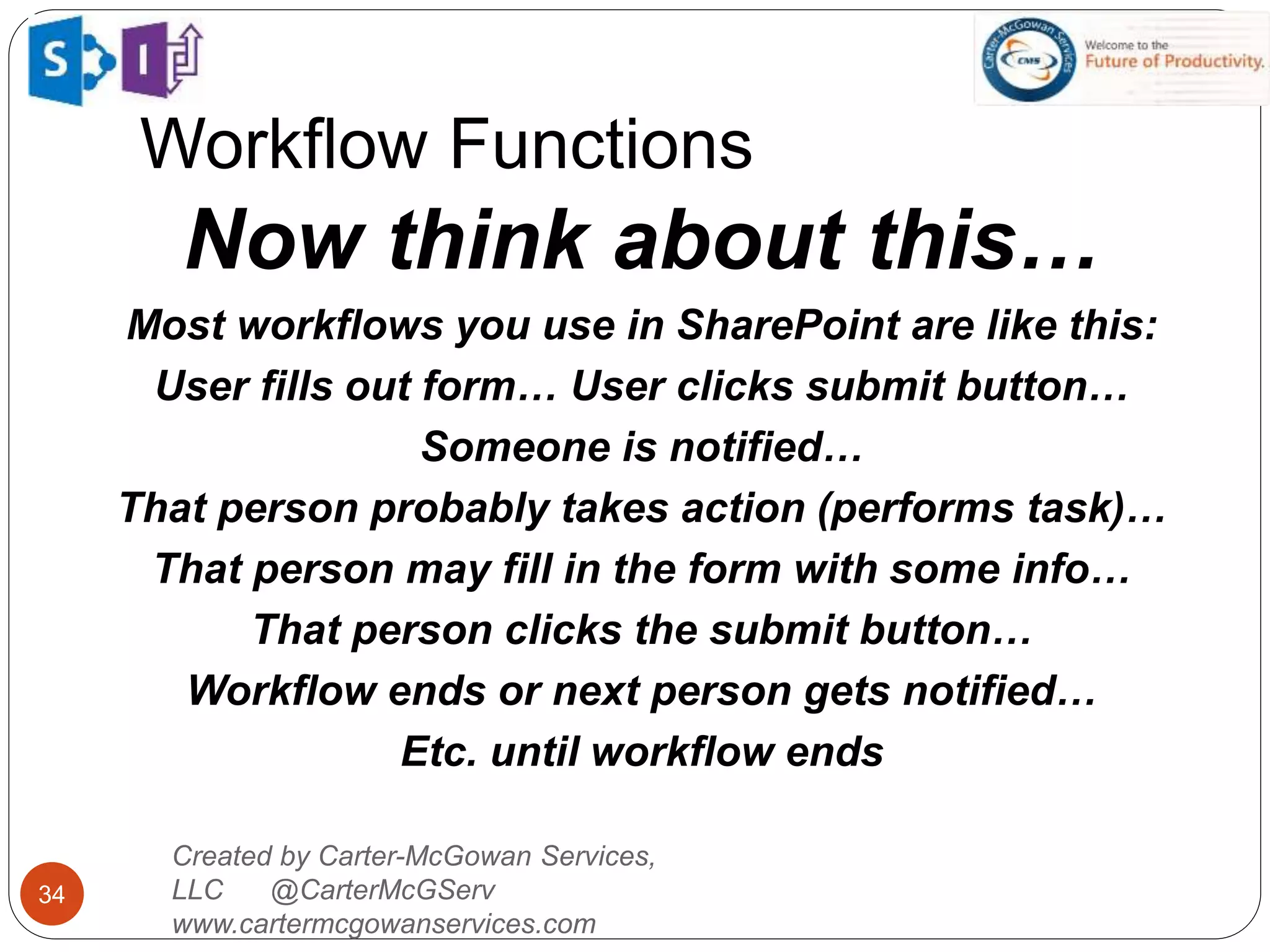Workflow Functions
34
Created by Carter-McGowan Services,
LLC @CarterMcGServ
www.cartermcgowanservices.com
Now think about this…
Most workflows you use in SharePoint are like this:
User fills out form… User clicks submit button…
Someone is notified…
That person probably takes action (performs task)…
That person may fill in the form with some info…
That person clicks the submit button…
Workflow ends or next person gets notified…
Etc. until workflow ends
 