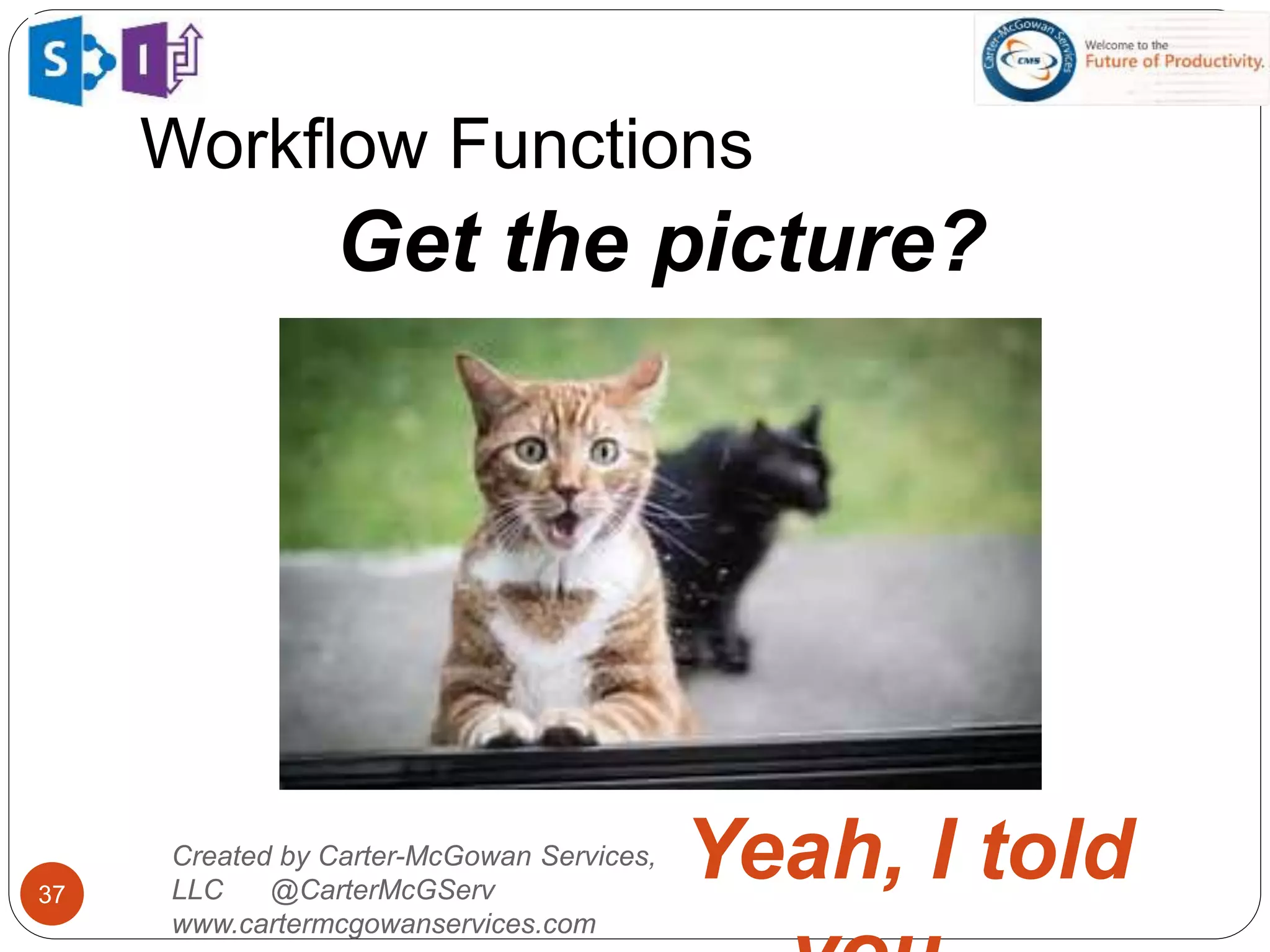 Workflow Functions
37
Created by Carter-McGowan Services,
LLC @CarterMcGServ
www.cartermcgowanservices.com
Get the picture?
Yeah, I told
 