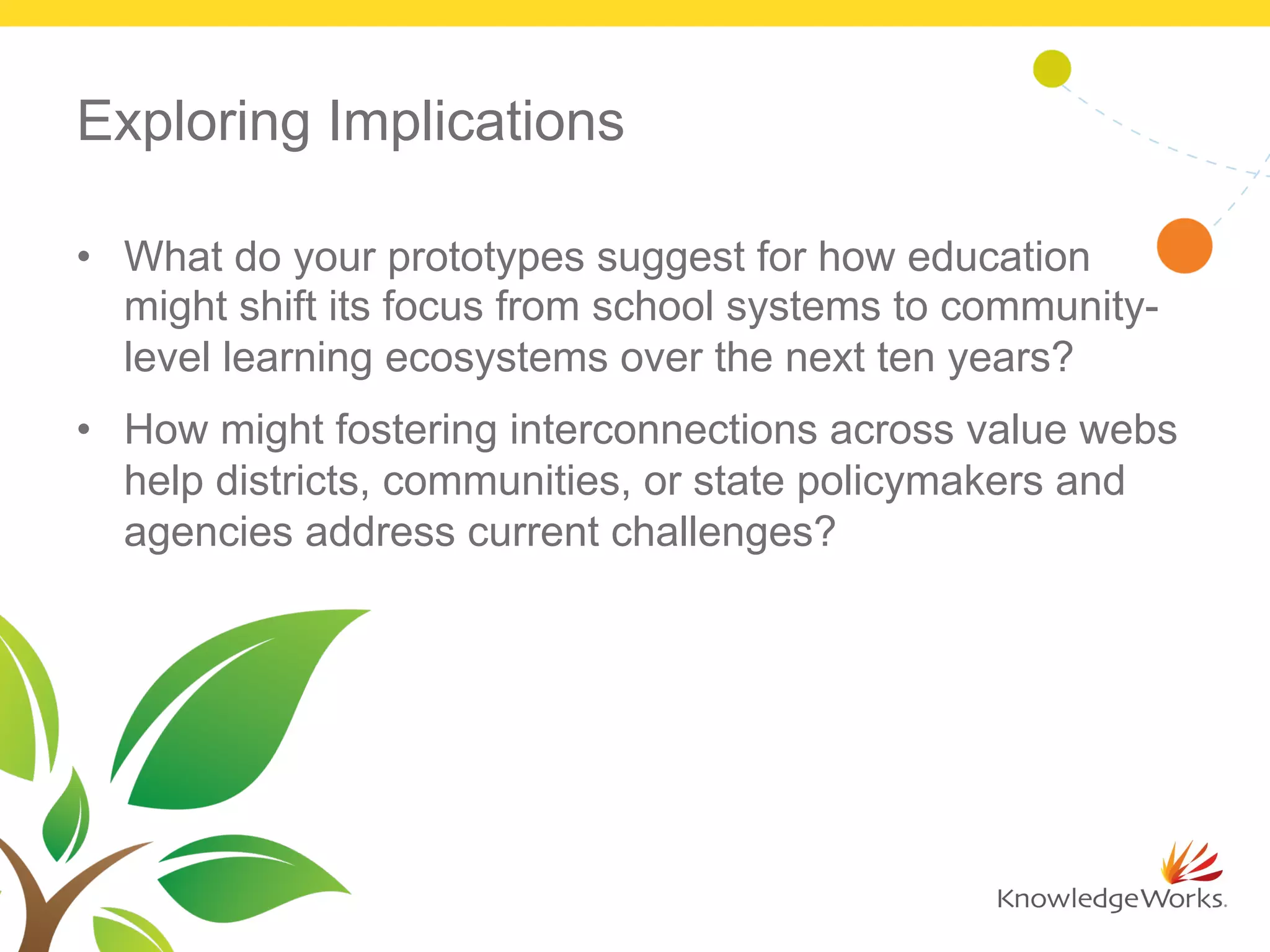 Exploring Implications
•  What do your prototypes suggest for how education
might shift its focus from school systems to community-
level learning ecosystems over the next ten years?
•  How might fostering interconnections across value webs
help districts, communities, or state policymakers and
agencies address current challenges?
 