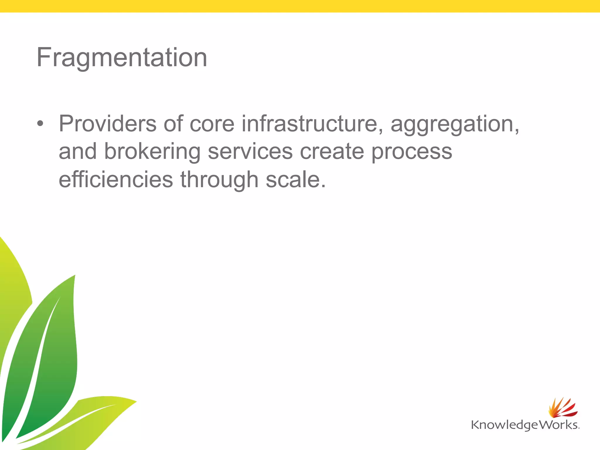 Fragmentation
•  Providers of core infrastructure, aggregation,
and brokering services create process
efficiencies through scale.
 