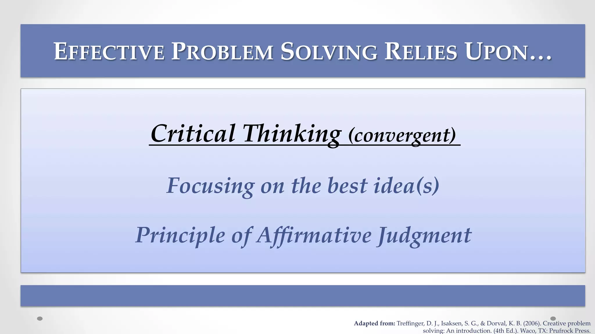 EFFECTIVE  PROBLEM  SOLVING  RELIES  UPON…	
  
	
Critical  Thinking  (convergent)	
Focusing  on  the  best  idea(s)	
Principle  of  Aﬃrmative  Judgment	
	
  
	
   Adapted  from:  Treﬃnger,  D.  J.,  Isaksen,  S.  G.,  &  Dorval,  K.  B.  (2006).  Creative  problem	
solving:  An  introduction.  (4th  Ed.).  Waco,  TX:  Prufrock  Press.	
 