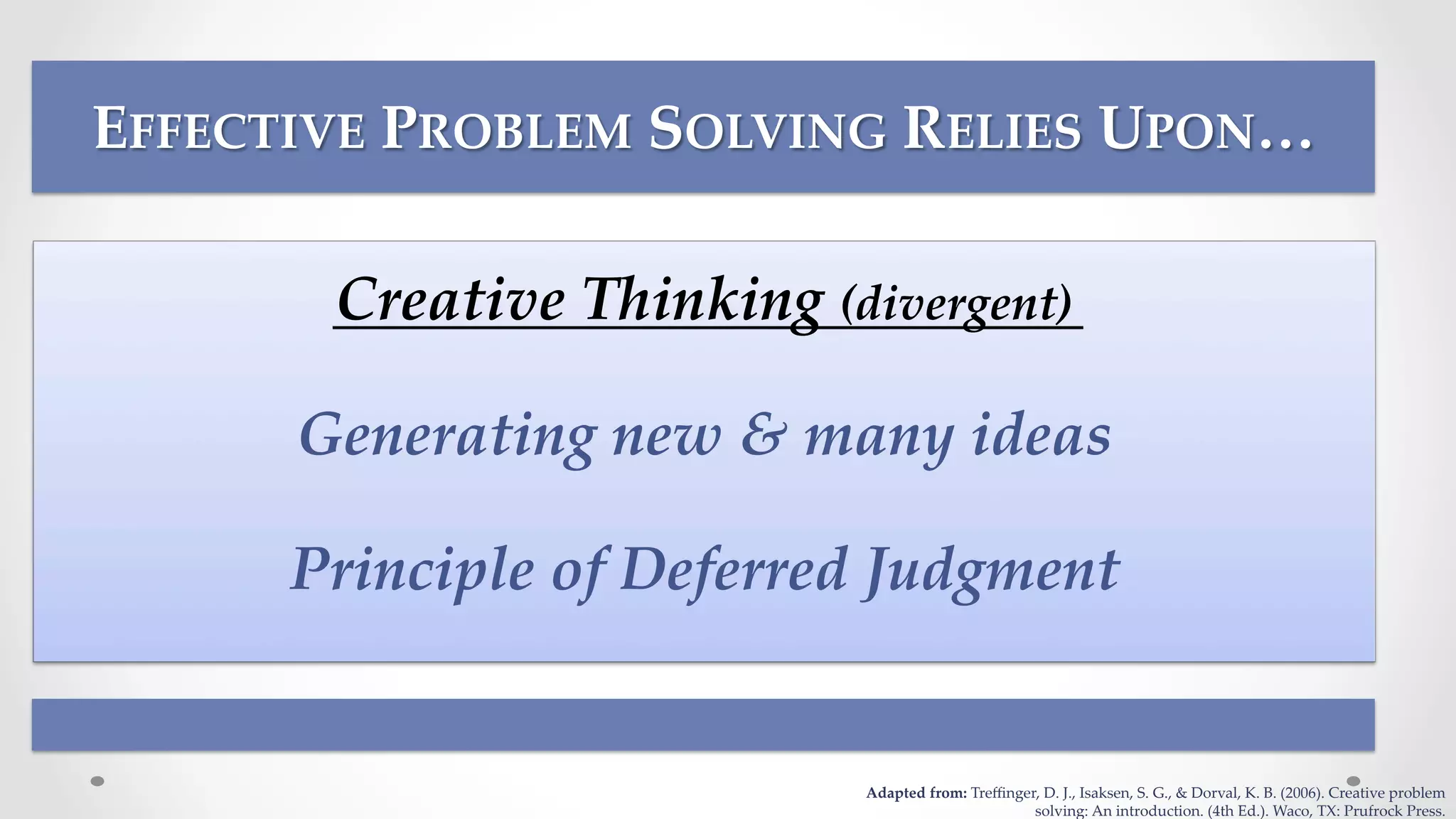 EFFECTIVE  PROBLEM  SOLVING  RELIES  UPON…	
  
	
Creative  Thinking  (divergent)	
Generating  new  &  many  ideas	
Principle  of  Deferred  Judgment	
	
	
 Adapted  from:  Treﬃnger,  D.  J.,  Isaksen,  S.  G.,  &  Dorval,  K.  B.  (2006).  Creative  problem	
solving:  An  introduction.  (4th  Ed.).  Waco,  TX:  Prufrock  Press.	
 