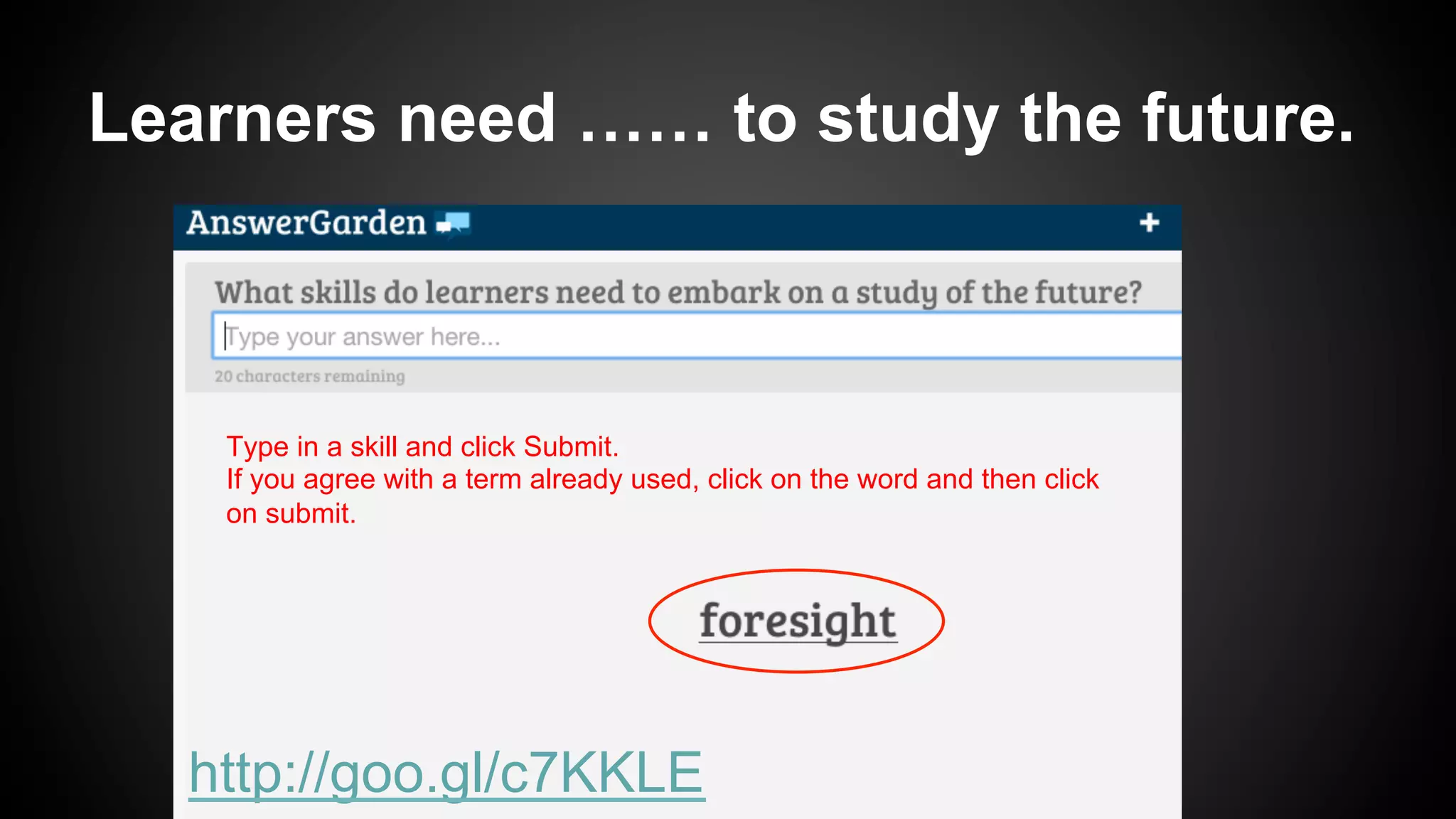 Learners need …… to study the future.
http://goo.gl/c7KKLE
Type in a skill and click Submit.
If you agree with a term already used, click on the word and then click
on submit.
 