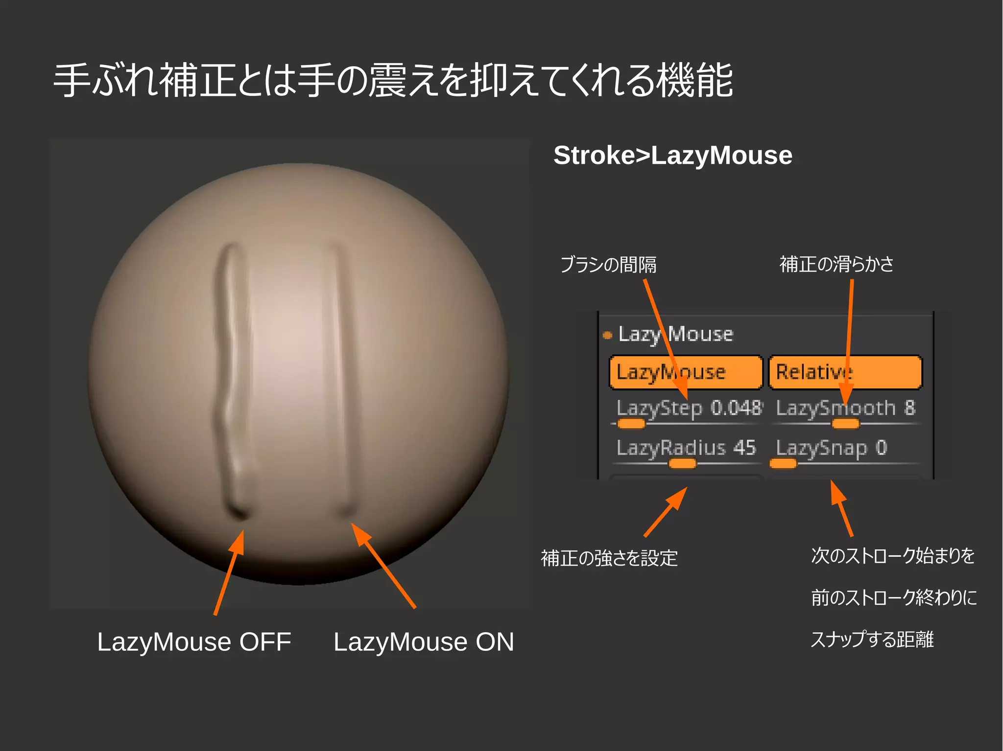 手ぶれ補正とは手の震えを抑えてくれる機能
LazyMouse OFF LazyMouse ON
Stroke>LazyMouse
ブラシの間隔
補正の強さを設定 次のストローク始まりを
前のストローク終わりに
スナップする距離
補正の滑らかさ
 