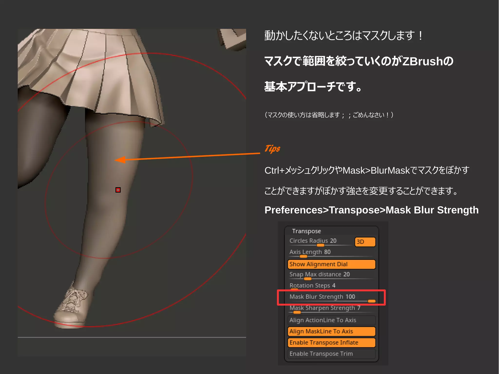 動かしたくないところはマスクします！
マスクで範囲を絞っていくのがZBrushの
基本アプローチです。
（マスクの使い方は省略します；；ごめんなさい！）
Tips
Ctrl+メッシュクリックやMask>BlurMaskでマスクをぼかす
ことができますがぼかす強さを変更することができます。
Preferences>Transpose>Mask Blur Strength
 