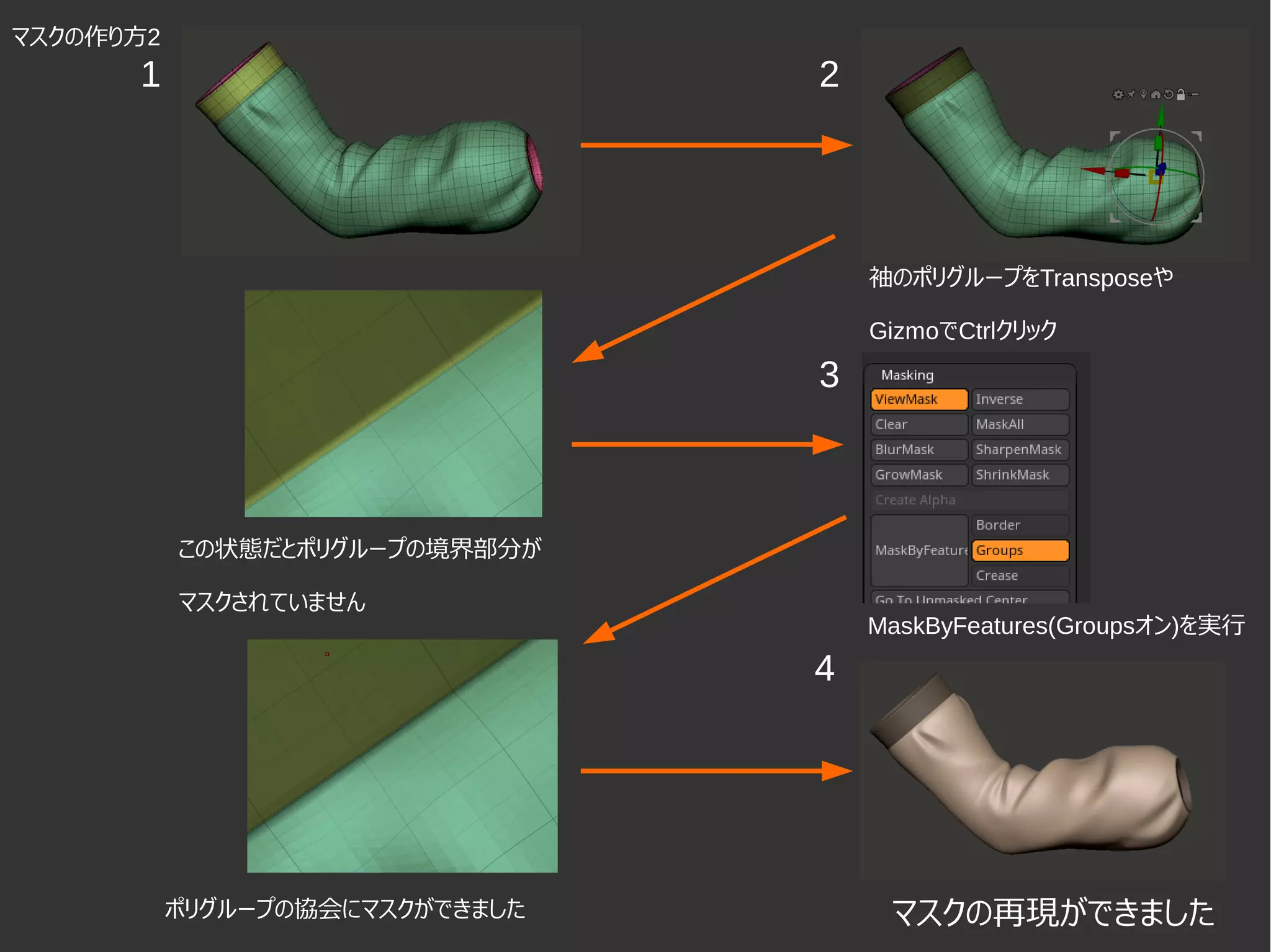 袖のポリグループをTransposeや
GizmoでCtrlクリック
この状態だとポリグループの境界部分が
マスクされていません
MaskByFeatures(Groupsオン)を実行
ポリグループの協会にマスクができました マスクの再現ができました
4
3
1 2
マスクの作り方2
 