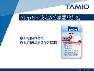 Step 9 – 設定A分享器的加密



❶ 點選[無線網路]
❷ 點選[無線網路加密設定]




                 http://www.tamio.com.tw
 