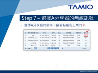Step 7 – 選擇A分享器的無線訊號
• 選擇A分享器的名稱，接著點選右上角的




                   http://www.tamio.com.tw
 