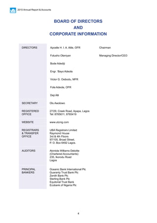 4
2010 Annual Report & Accounts
DIRECTORS Apostle H. I. A. Alile, OFR Chairman
Folusho Olaniyan Managing Director/CEO
Bode Adediji
Engr. ‘Bayo Adeola
Victor G. Osibodu, MFR
Fola Adeola, OFR
Deji Alli
SECRETARY Olu Awolowo
REGISTERED
OFFICE
27/29, Creek Road, Apapa, Lagos
Tel: 8765611, 8765419
WEBSITE www.utcnig.com
REGISTRARS
& TRANSFER
OFFICE
UBA Registrars Limited
Raymond House
3rd & 4th Floors
97/105, Broad Street,
P. O. Box 6492 Lagos.
AUDITORS Akintola Williams Deloitte
(Chartered Accountants)
235, Ikorodu Road
Lagos
PRINCIPAL
BANKERS
Oceanic Bank International Plc
Guaranty Trust Bank Plc
Zenith Bank Plc
Sterling Bank Plc
Equitorial Trust Bank
Ecobank of Nigeria Plc
BOARD OF DIRECTORS
AND
CORPORATE INFORMATION
 