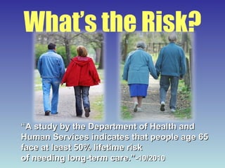“ A study by the Department of Health and Human Services indicates that people age 65 face at least 50% lifetime risk of needing long-term care.”- 10/2010 What’s the Risk? 