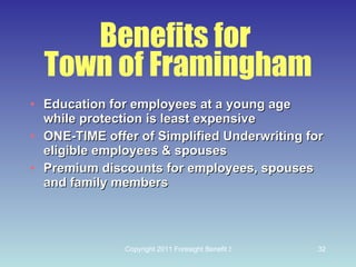 Benefits for  Town of Framingham Education for employees at a young age while protection is least expensive ONE-TIME offer of Simplified Underwriting for eligible employees & spouses Premium discounts for employees, spouses and family members 