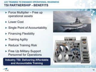 TSI PARTNERSHIP - BENEFITS
► Force Multiplier – Free up
operational assets
► Lower Cost
► Single Point of Accountability
►...