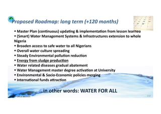 Proposed	
  Roadmap:	
  long	
  term	
  (+120	
  months)	
  
          	
  Master	
  Plan	
  (con>nuous)	
  upda>ng	
  &	
  implementa>on	
  from	
  lesson	
  learned	
  
          	
  (Smart)	
  Water	
  Management	
  Systems	
  &	
  Infrastructures	
  extension	
  to	
  whole	
  
         Nigeria	
  
          	
  Broaden	
  access	
  to	
  safe	
  water	
  to	
  all	
  Nigerians	
  
          	
  Overall	
  water	
  culture	
  spreading	
  
          	
  Steady	
  Environmental	
  pollu>on	
  reduc>on	
  
          	
  Energy	
  from	
  sludge	
  produc>on	
  
          	
  Water	
  related	
  diseases	
  gradual	
  abatement	
  	
  
          	
  Water	
  Management	
  master	
  degree	
  ac>va>on	
  at	
  University	
  
          	
  Environmental	
  &	
  Socio-­‐Economic	
  policies	
  merging	
  
          	
  Interna>onal	
  funds	
  aXrac>on	
  

                                            …in	
  other	
  words:	
  WATER	
  FOR	
  ALL	
  
WFA	
  Ltd	
  –	
  Oﬃcial	
  Document	
                                                                            110	
  
 