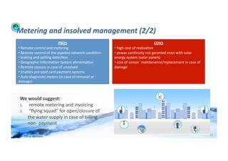 Metering	
  and	
  insolved	
  management	
  (2/2)	
  
                                              PROS	
                                                                             CONS	
  
      • 	
  Remote	
  control	
  and	
  metering	
                                      • 	
  high	
  cost	
  of	
  realiza;on	
  
      • 	
  Remote	
  control	
  of	
  the	
  pipeline	
  network	
  condi;on	
  	
     • 	
  power	
  con;nuity	
  not	
  garanted	
  even	
  with	
  solar	
  
      • 	
  leaking	
  and	
  spilling	
  detec;on	
                                    energy	
  system	
  (solar	
  panels)	
  
      • 	
  Geographic	
  Informa;on	
  System	
  alimenta;on	
                         • 	
  cost	
  of	
  sensor	
  	
  maintenance/replacement	
  in	
  case	
  of	
  
      • 	
  Remote	
  closure	
  in	
  case	
  of	
  unsolved	
  	
                     damage	
  
      • 	
  Enables	
  pre-­‐paid	
  card	
  payment	
  systems	
  
      • 	
  Auto	
  diagnos;c	
  meters	
  (in	
  case	
  of	
  removal	
  or	
  
      damage)	
  



         We	
  would	
  suggest:	
  
         1.  	
  remote	
  metering	
  and	
  invoicing	
  
         2.  	
  “ﬂying	
  squad”	
  for	
  open/closure	
  of	
  
             the	
  water	
  supply	
  in	
  case	
  of	
  billing	
  
             non-­‐	
  payment	
  

WFA	
  Ltd	
  –	
  Oﬃcial	
  Document	
                                                                                                                                     71	
  
 