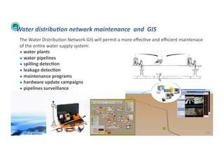 Water	
  distribu:on	
  network	
  maintenance	
  	
  and	
  	
  GIS	
  
         The	
  Water	
  Distribu;on	
  Network	
  GIS	
  will	
  permit	
  a	
  more	
  eﬀec;ve	
  and	
  eﬃcient	
  maintenace	
  
         of	
  the	
  en;re	
  water	
  supply	
  system:	
  
         !  	
  water	
  plants	
  
         !  	
  water	
  pipelines	
  
         !  	
  spilling	
  detec>on	
  
         !  	
  leakage	
  detec>on	
  
         !  	
  maintenance	
  programs	
  
         !  	
  hardware	
  update	
  campaigns	
  
         !  	
  pipelines	
  surveillance	
  




WFA	
  Ltd	
  –	
  Oﬃcial	
  Document	
                                                                                                74	
  
 