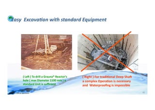 Easy	
  	
  Excava:on	
  with	
  standard	
  Equipment	
  


                                                                                           •  Foto	
  Costruzione	
  di	
  u	
  Pozzo	
  
                                                                                              profondo	
  tradizionale	
  




                           (	
  Leu	
  )	
  To	
  drill	
  a	
  Grauna®	
  Reactor’s	
      (	
  Right	
  )	
  For	
  tradi>onal	
  Deep	
  Shau	
  
                           hole	
  (	
  max	
  Diameter	
  1100	
  mm	
  )	
  a	
           a	
  complex	
  Opera>on	
  is	
  necessary	
  
                           standard	
  Unit	
  is	
  suﬃcient	
  	
                         and	
  	
  Waterprooﬁng	
  is	
  impossible	
  	
  

WFA	
  Ltd	
  –	
  Oﬃcial	
  Document	
                                                                                                                85	
  
 
