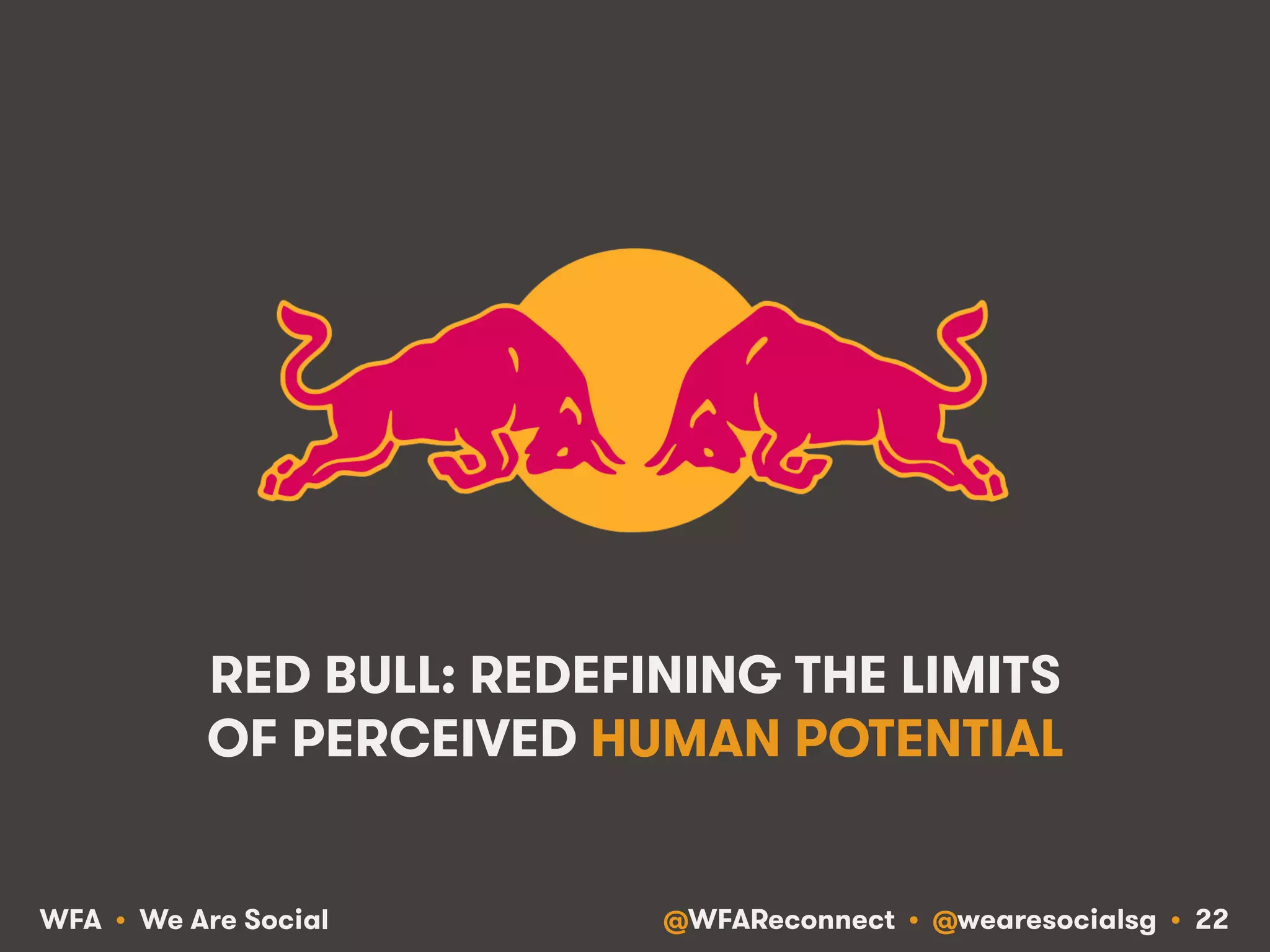 @WFAReconnect • @wearesocialsg • 22WFA • We Are Social
RED BULL: REDEFINING THE LIMITS
OF PERCEIVED HUMAN POTENTIAL
 