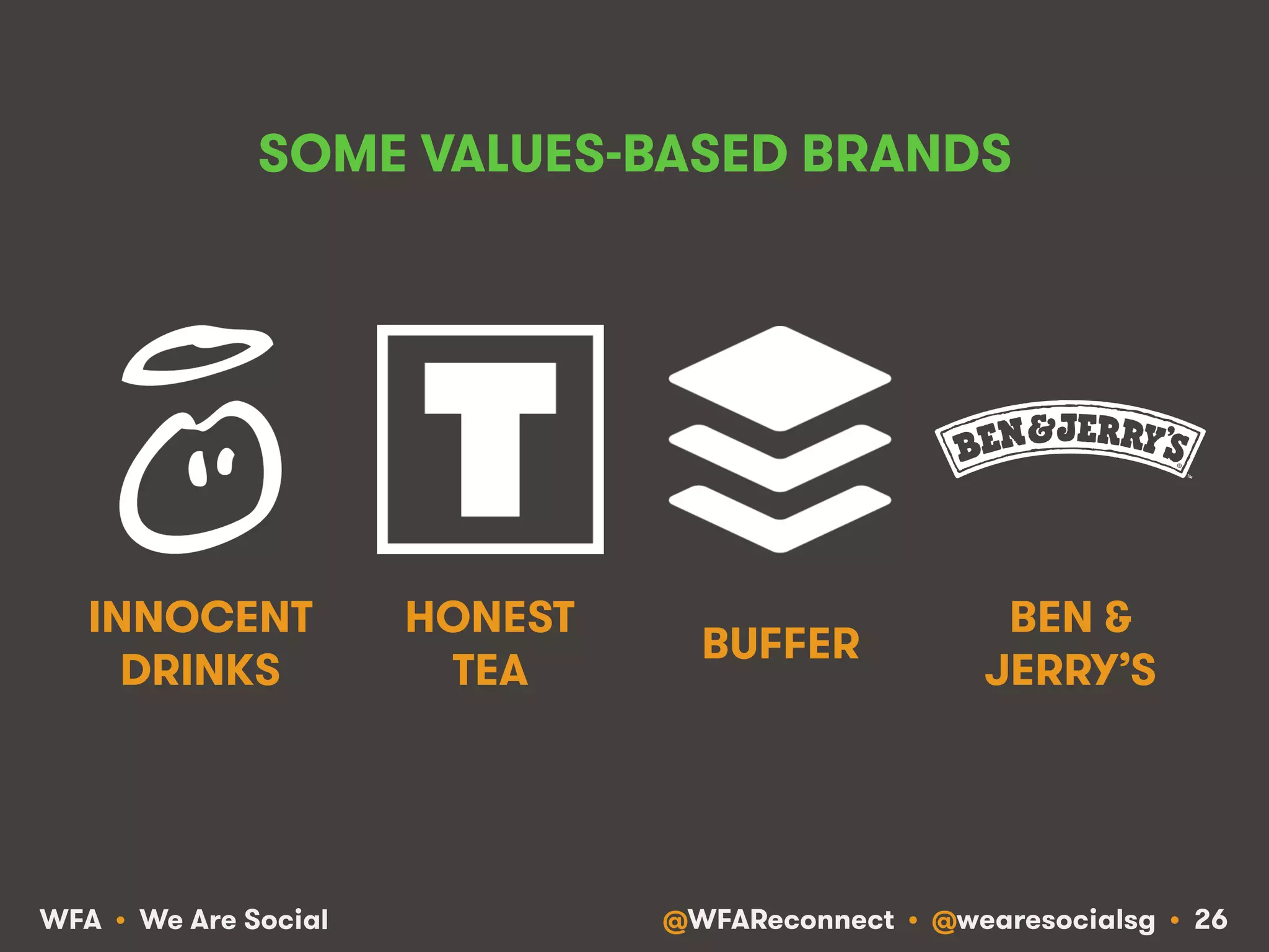 @WFAReconnect • @wearesocialsg • 26WFA • We Are Social
SOME VALUES-BASED BRANDS
INNOCENT
DRINKS
HONEST
TEA
BUFFER
BEN &
JERRY’S
 