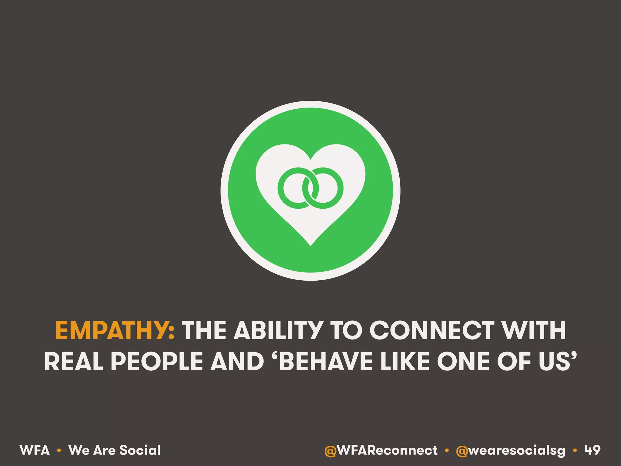 @WFAReconnect • @wearesocialsg • 49WFA • We Are Social
EMPATHY: THE ABILITY TO CONNECT WITH
REAL PEOPLE AND ‘BEHAVE LIKE ONE OF US’
 
