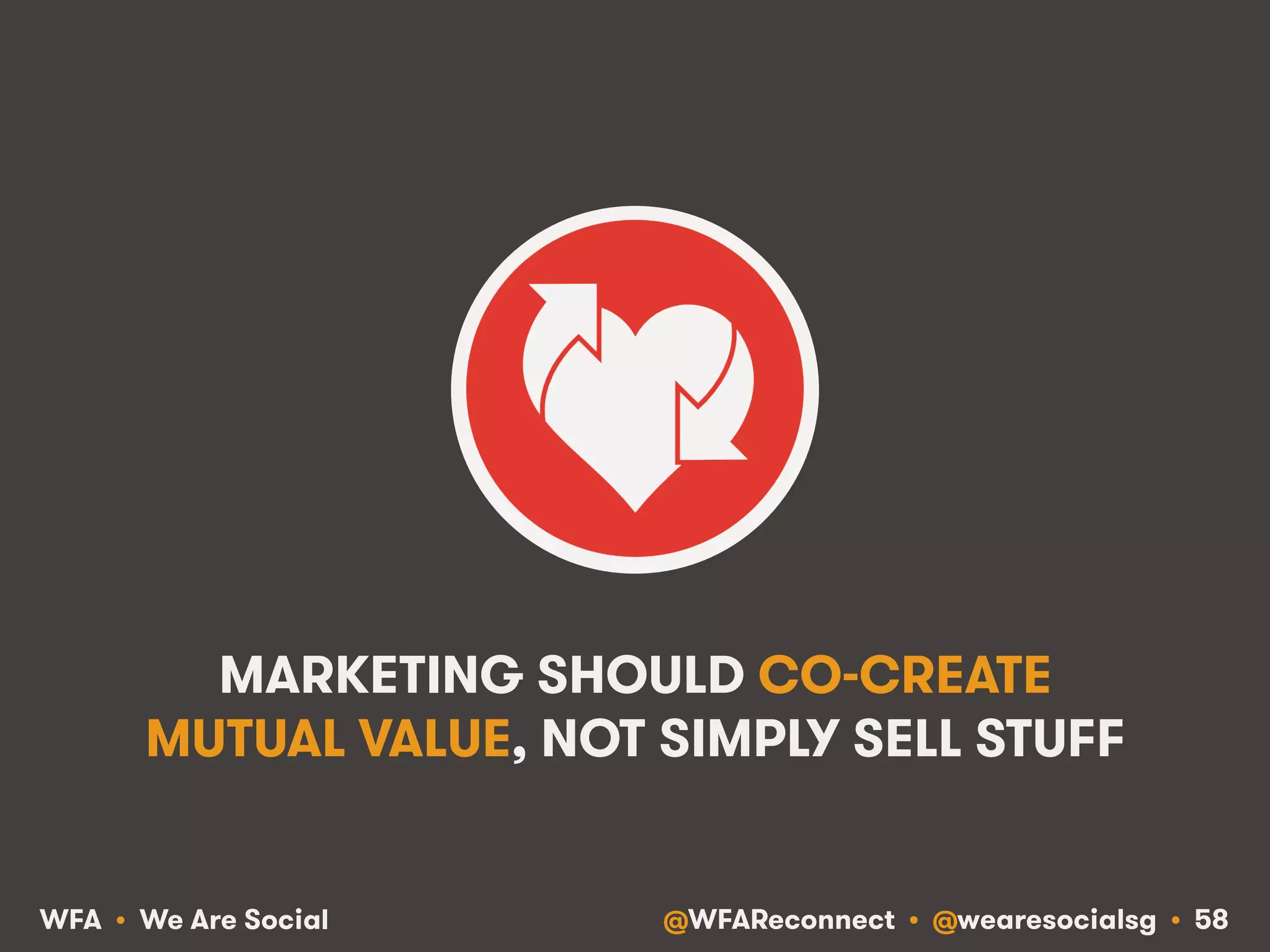 @WFAReconnect • @wearesocialsg • 58WFA • We Are Social
MARKETING SHOULD CO-CREATE
MUTUAL VALUE, NOT SIMPLY SELL STUFF
 