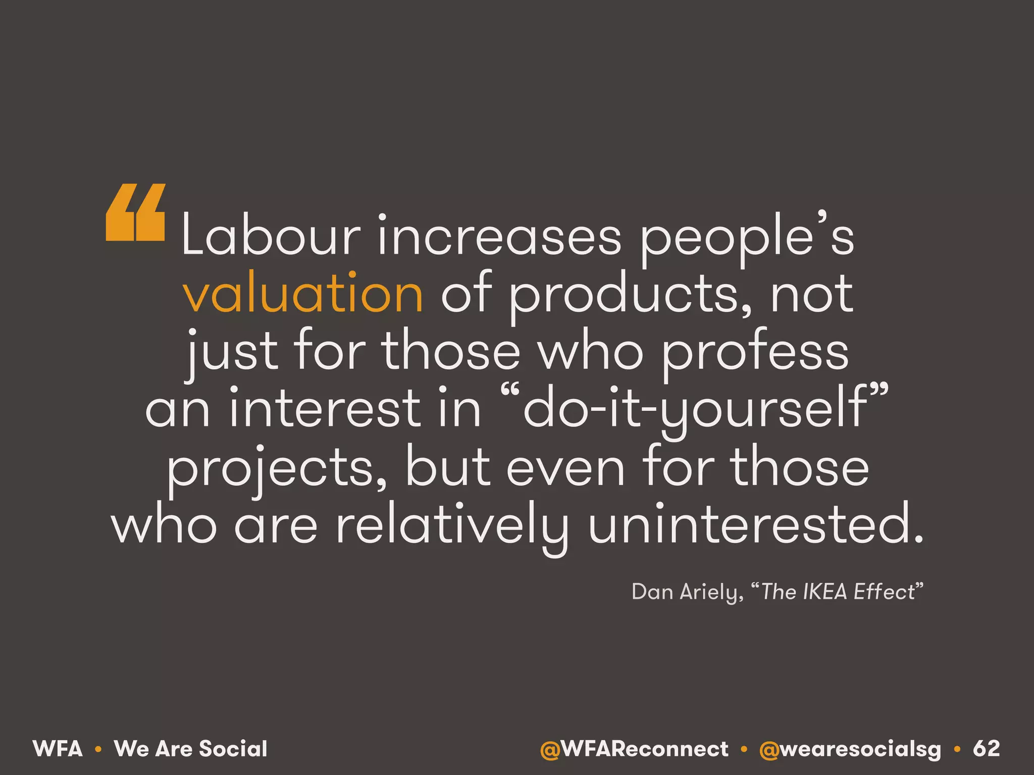 @WFAReconnect • @wearesocialsg • 62WFA • We Are Social
Labour increases people’s
valuation of products, not
just for those who profess
an interest in “do-it-yourself”
projects, but even for those
who are relatively uninterested.
Dan Ariely, “The IKEA Eﬀect”
“
 