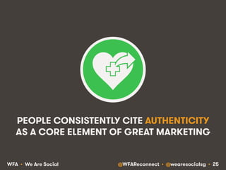 @WFAReconnect • @wearesocialsg • 25WFA • We Are Social
PEOPLE CONSISTENTLY CITE AUTHENTICITY
AS A CORE ELEMENT OF GREAT MARKETING
 