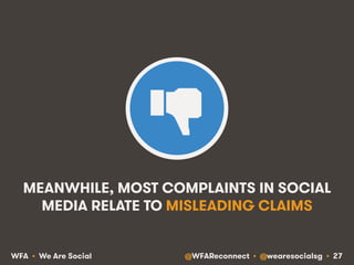 @WFAReconnect • @wearesocialsg • 27WFA • We Are Social
MEANWHILE, MOST COMPLAINTS IN SOCIAL
MEDIA RELATE TO MISLEADING CLAIMS
 