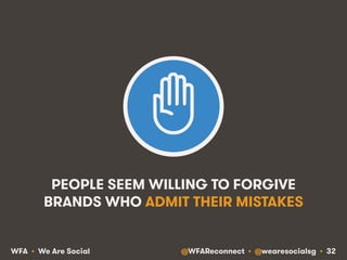 @WFAReconnect • @wearesocialsg • 32WFA • We Are Social
PEOPLE SEEM WILLING TO FORGIVE
BRANDS WHO ADMIT THEIR MISTAKES
 