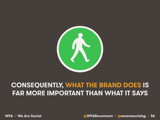 @WFAReconnect • @wearesocialsg • 36WFA • We Are Social
CONSEQUENTLY, WHAT THE BRAND DOES IS
FAR MORE IMPORTANT THAN WHAT IT SAYS
 