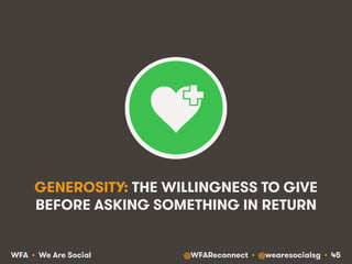 @WFAReconnect • @wearesocialsg • 45WFA • We Are Social
GENEROSITY: THE WILLINGNESS TO GIVE
BEFORE ASKING SOMETHING IN RETURN
 