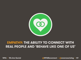 @WFAReconnect • @wearesocialsg • 49WFA • We Are Social
EMPATHY: THE ABILITY TO CONNECT WITH
REAL PEOPLE AND ‘BEHAVE LIKE ONE OF US’
 