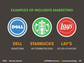 @WFAReconnect • @wearesocialsg • 60WFA • We Are Social
EXAMPLES OF INCLUSIVE MARKETING
IDEASTORM MY STARBUCKS IDEA
DELL STARBUCKS
DO US A FLAVOUR
LAY’S
 