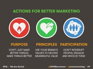 @WFAReconnect • @wearesocialsg • 69WFA • We Are Social
ACTIONS FOR BETTER MARKETING
DON’T JUST MAKE
BETTER THINGS;
MAKE THINGS BETTER
USE YOUR BRAND’S
VALUES TO DELIVER
MEANINGFUL VALUE
PURPOSE PRINCIPLES
DON’T INTERRUPT
PEOPLE; ENGAGE
AND INVOLVE THEM
PARTICIPATION
 
