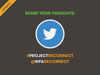 @WFAReconnect • @wearesocialsg • 71WFA • We Are Social
#PROJECTRECONNECT
@WFARECONNECT
SHARE YOUR THOUGHTS:!
 