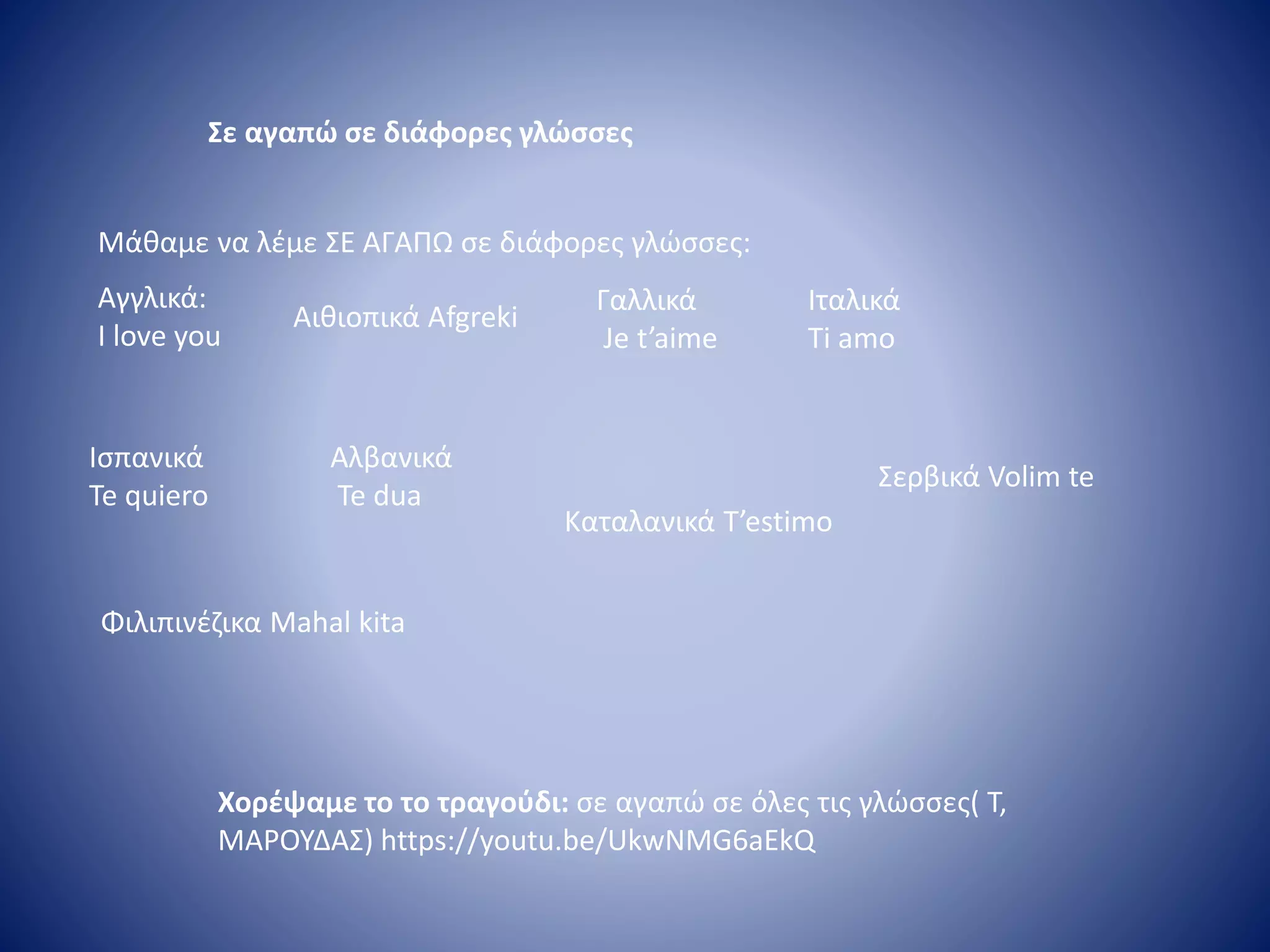 Σε αγαπώ σε διάφορες γλώσσες
Μάθαμε να λέμε ΣΕ ΑΓΑΠΩ σε διάφορες γλώσσες:
Χορέψαμε το το τραγούδι: σε αγαπώ σε όλες τις γλώσσες( Τ,
ΜΑΡΟΥΔΑΣ) https://youtu.be/UkwNMG6aEkQ
Αγγλικά:
I love you
Αιθιοπικά Afgreki
Γαλλικά
Je t’aime
Ιταλικά
Ti amo
Ισπανικά
Te quiero
Καταλανικά T’estimo
Σερβικά Volim te
Φιλιπινέζικα Mahal kita
Αλβανικά
Te dua
 