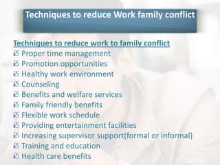 Techniques to reduce Work family conflict
Techniques to reduce work to family conflict
Proper time management
Promotion opportunities
Healthy work environment
Counseling
Benefits and welfare services
Family friendly benefits
Flexible work schedule
Providing entertainment facilities
Increasing supervisor support(formal or informal)
Training and education
Health care benefits
 