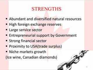 STRENGTHS
 Abundant and diversified natural resources
 High foreign exchange reserves
 Large service sector
 Entrepreneurial support by Government
 Strong financial sector
 Proximity to USA(trade surplus)
 Niche markets growth
(Ice wine, Canadian diamonds)
21
 