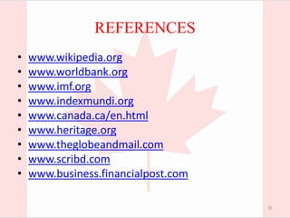 REFERENCES
• www.wikipedia.org
• www.worldbank.org
• www.imf.org
• www.indexmundi.org
• www.canada.ca/en.html
• www.heritage.org
• www.theglobeandmail.com
• www.scribd.com
• www.business.financialpost.com
31
 