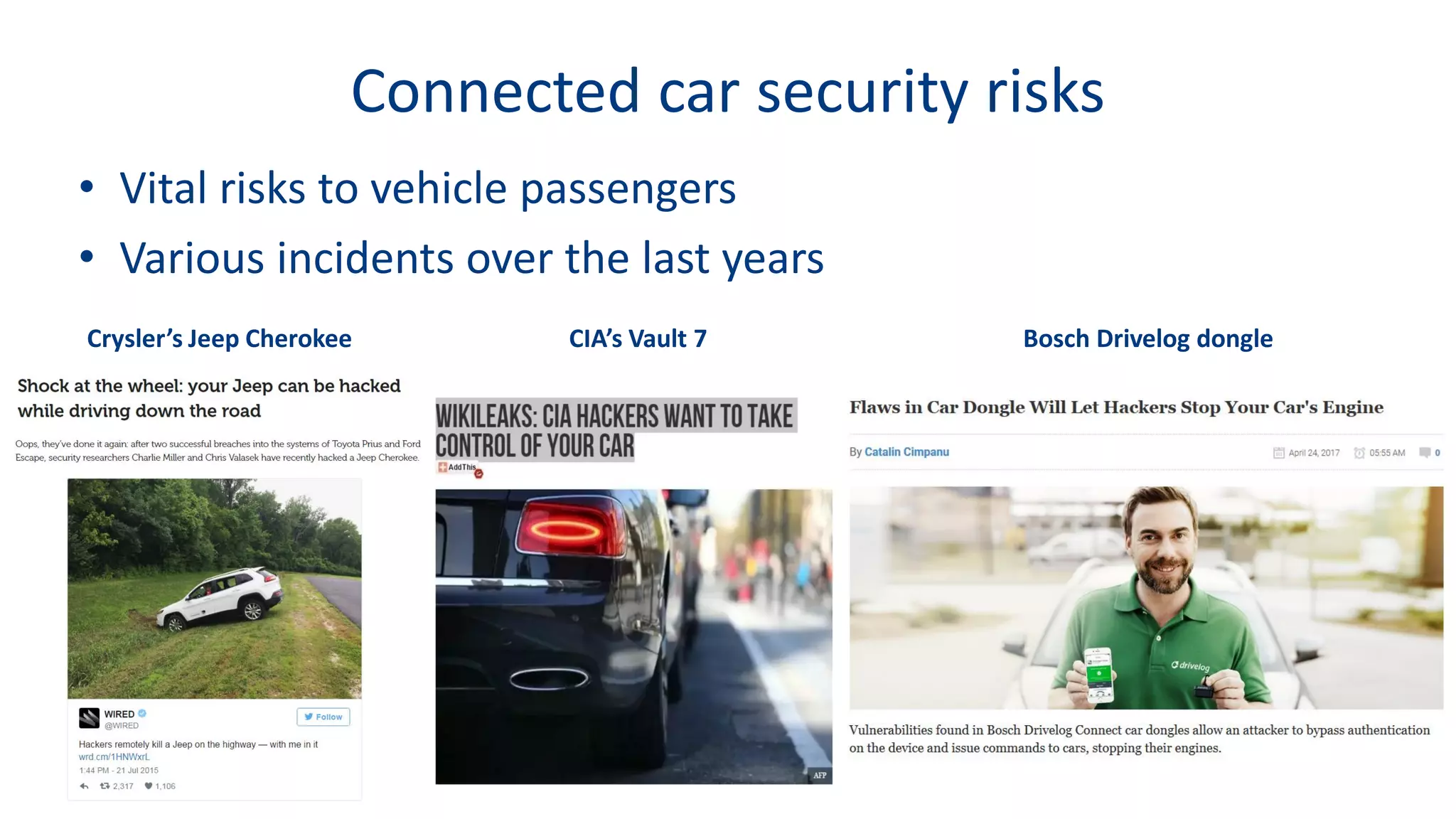 Connected car security risks
• Vital risks to vehicle passengers
• Various incidents over the last years
Crysler’s Jeep Cherokee CIA’s Vault 7 Bosch Drivelog dongle
 