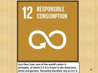 17
Less than 3 per cent of the world’s water is
drinkable, of which 2.5 % is frozen in the Antarctica,
Arctic and glaciers. Humanity therefore rely on 0.5 %
 