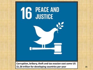 21
Corruption, bribery, theft and tax evasion cost some US
$1.26 trillion for developing countries per year
 