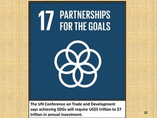 22
The UN Conference on Trade and Development
says achieving SDGs will require US$5 trillion to $7
trillion in annual investment.
 