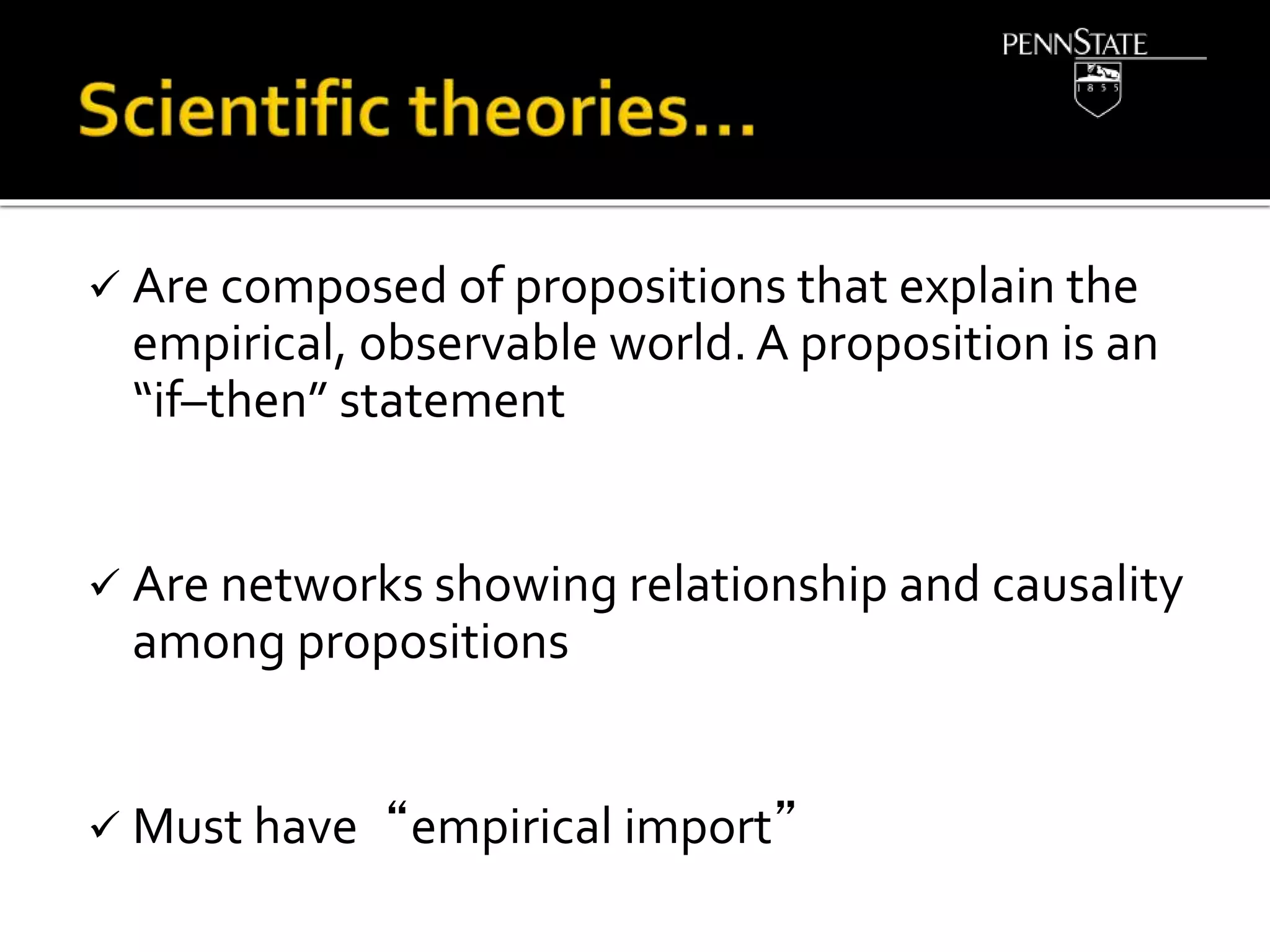  Are composed of propositions that explain the
empirical, observable world. A proposition is an
“if–then” statement
 Are networks showing relationship and causality
among propositions
 Must have“empirical import”
 
