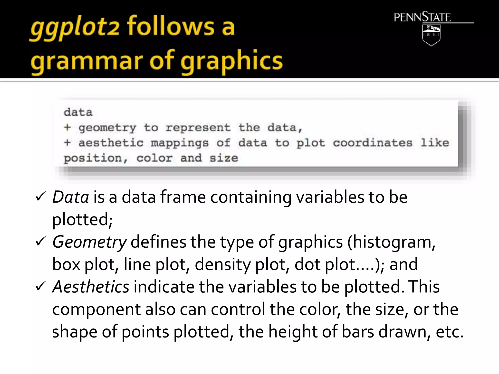  Data is a data frame containing variables to be
plotted;
 Geometry defines the type of graphics (histogram,
box plot, line plot, density plot, dot plot....); and
 Aesthetics indicate the variables to be plotted.This
component also can control the color, the size, or the
shape of points plotted, the height of bars drawn, etc.
 