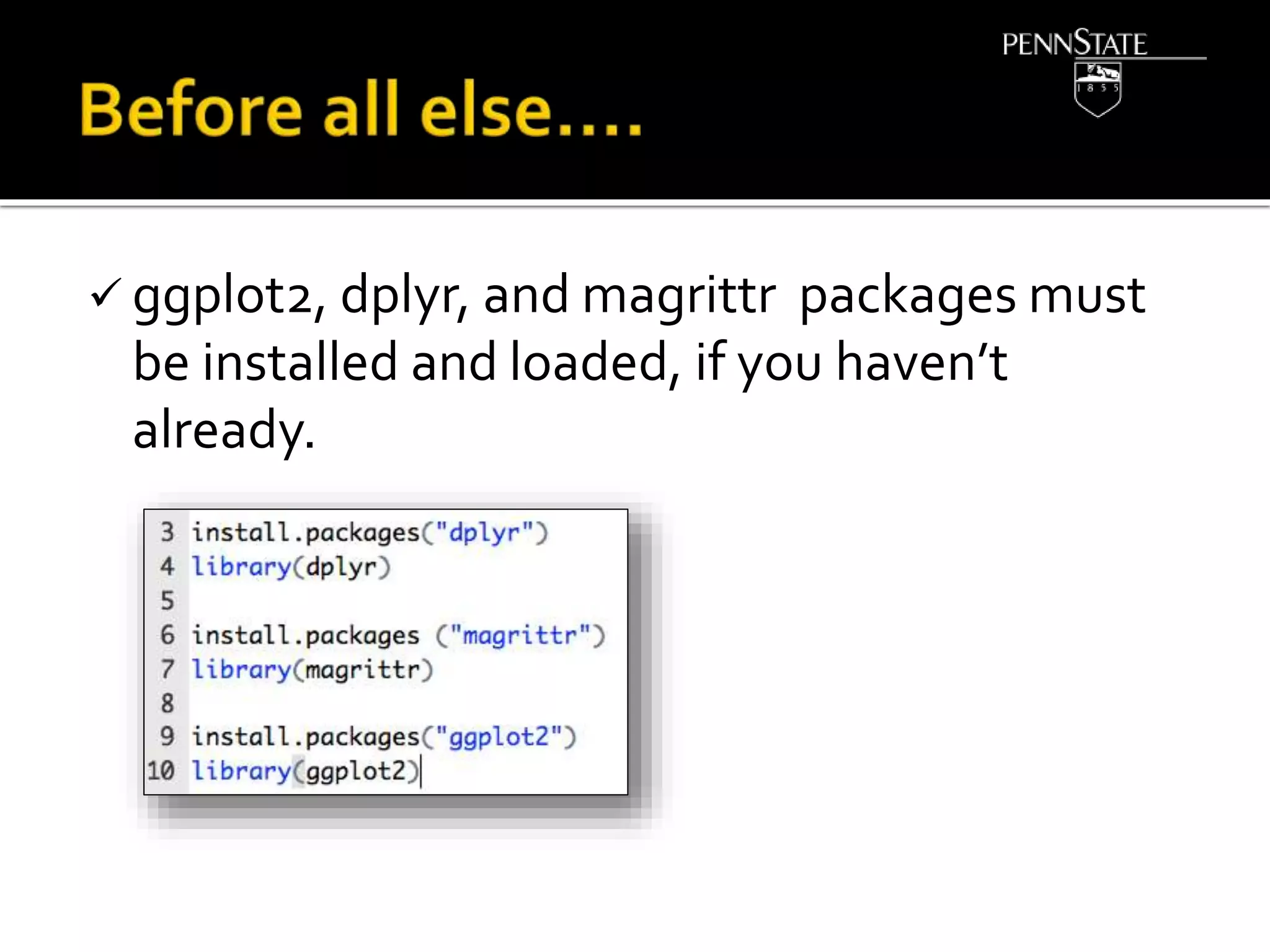  ggplot2, dplyr, and magrittr packages must
be installed and loaded, if you haven’t
already.
 